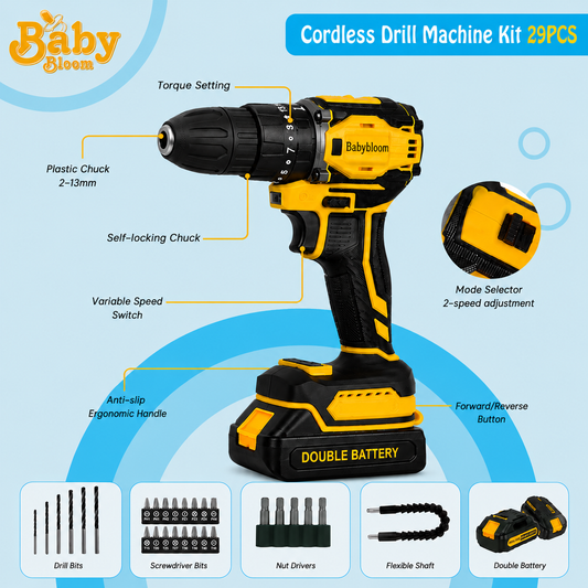 Cordless Drill Machine Kit 29PCS | Rechargeable | Dual Battery